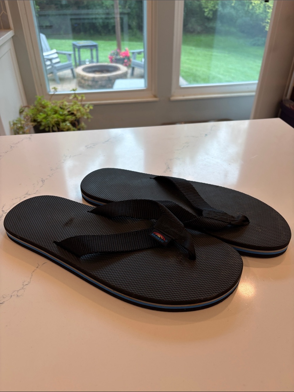 Rainbow Black Flip-Flop Sandals with Stripe